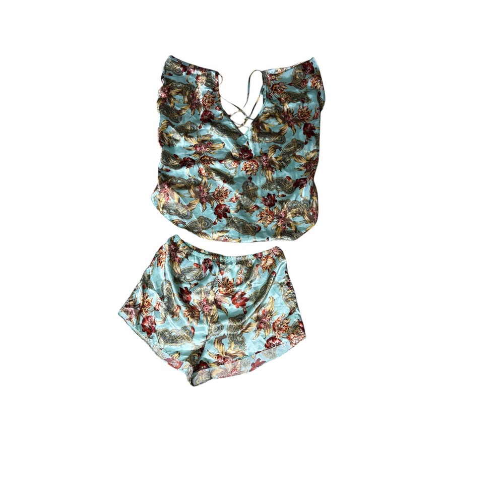 Amelia's Satin Paisley Floral Pajama Set Blue Strappy Back Top & Shorts set M